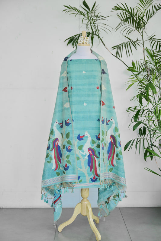 Bulbul – Pure Monga Cotton Aqua Blue Unstitched Suit Set