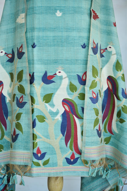 Bulbul – Pure Monga Cotton Aqua Blue Unstitched Suit Set