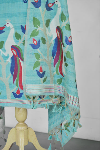 Bulbul – Pure Monga Cotton Aqua Blue Unstitched Suit Set