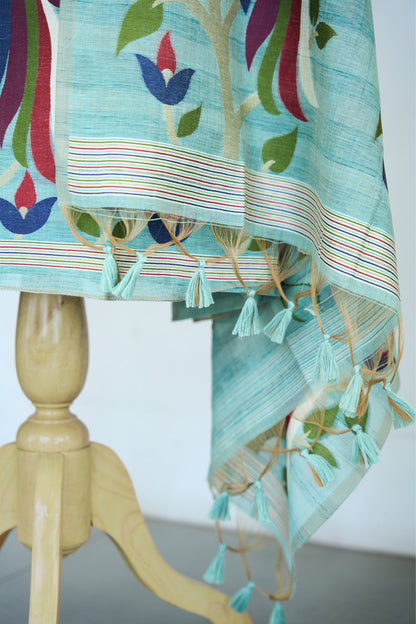 Bulbul – Pure Monga Cotton Aqua Blue Unstitched Suit Set