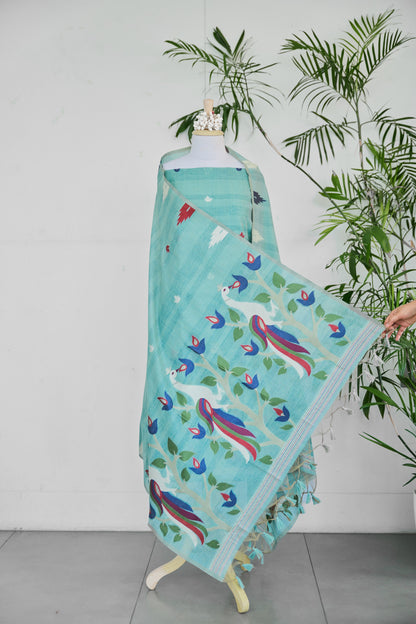 Bulbul – Pure Monga Cotton Aqua Blue Unstitched Suit Set