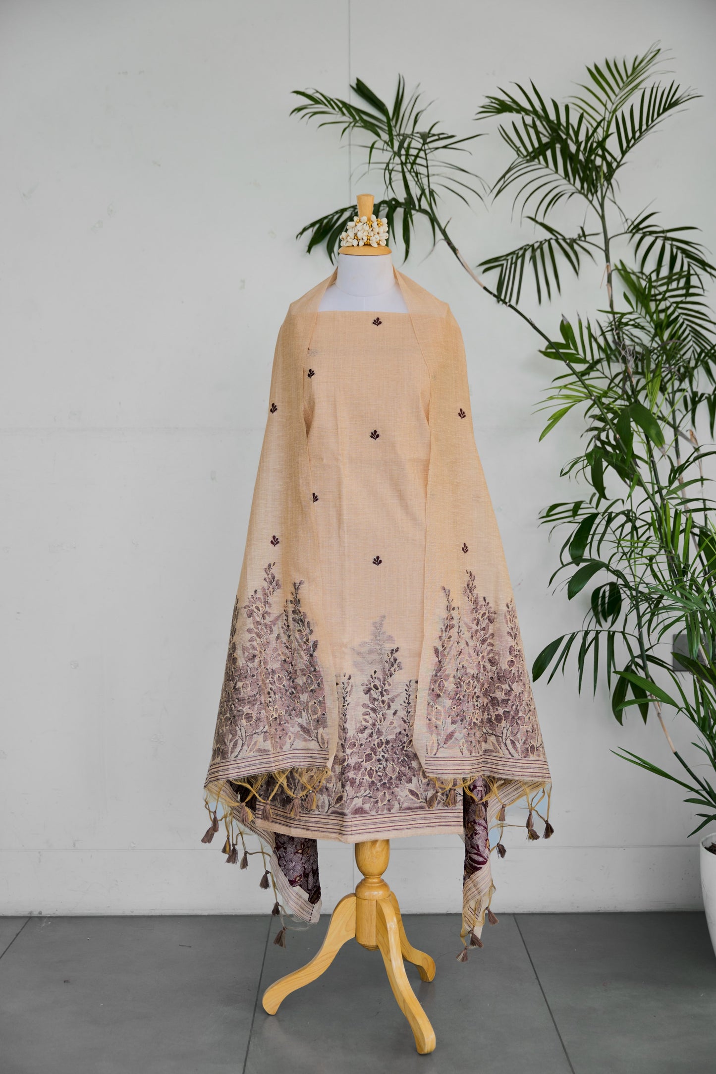 SAANJH – Pure Monga Cotton Beige Unstitched Suit Set