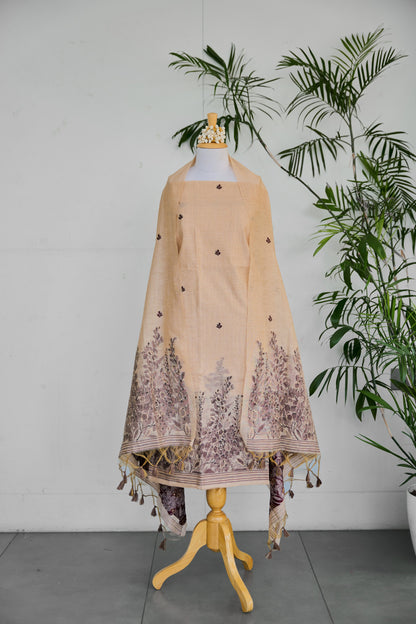 SAANJH – Pure Monga Cotton Beige Unstitched Suit Set