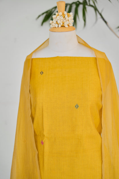 KANAK– PureMul Chanderi Mustard Yellow Unstitched Suit Set
