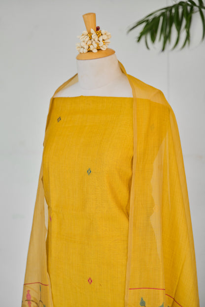 KANAK– PureMul Chanderi Mustard Yellow Unstitched Suit Set