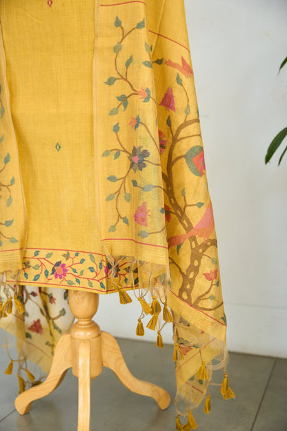 KANAK– PureMul Chanderi Mustard Yellow Unstitched Suit Set