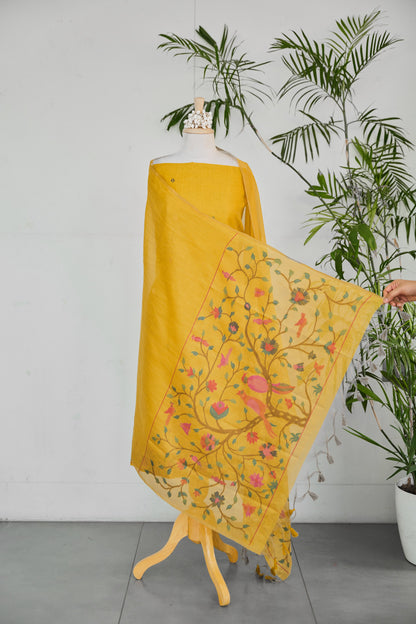 KANAK– PureMul Chanderi Mustard Yellow Unstitched Suit Set