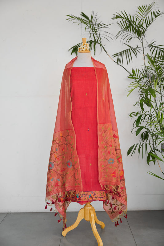 NAYRA– Pure Mul Chanderi Red Unstitched Suit Set