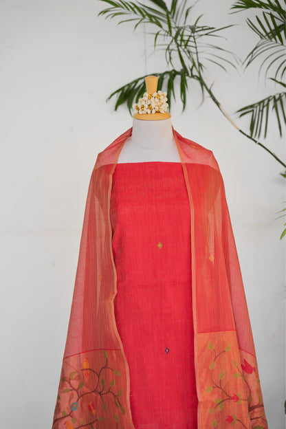 NAYRA– Pure Mul Chanderi Red Unstitched Suit Set