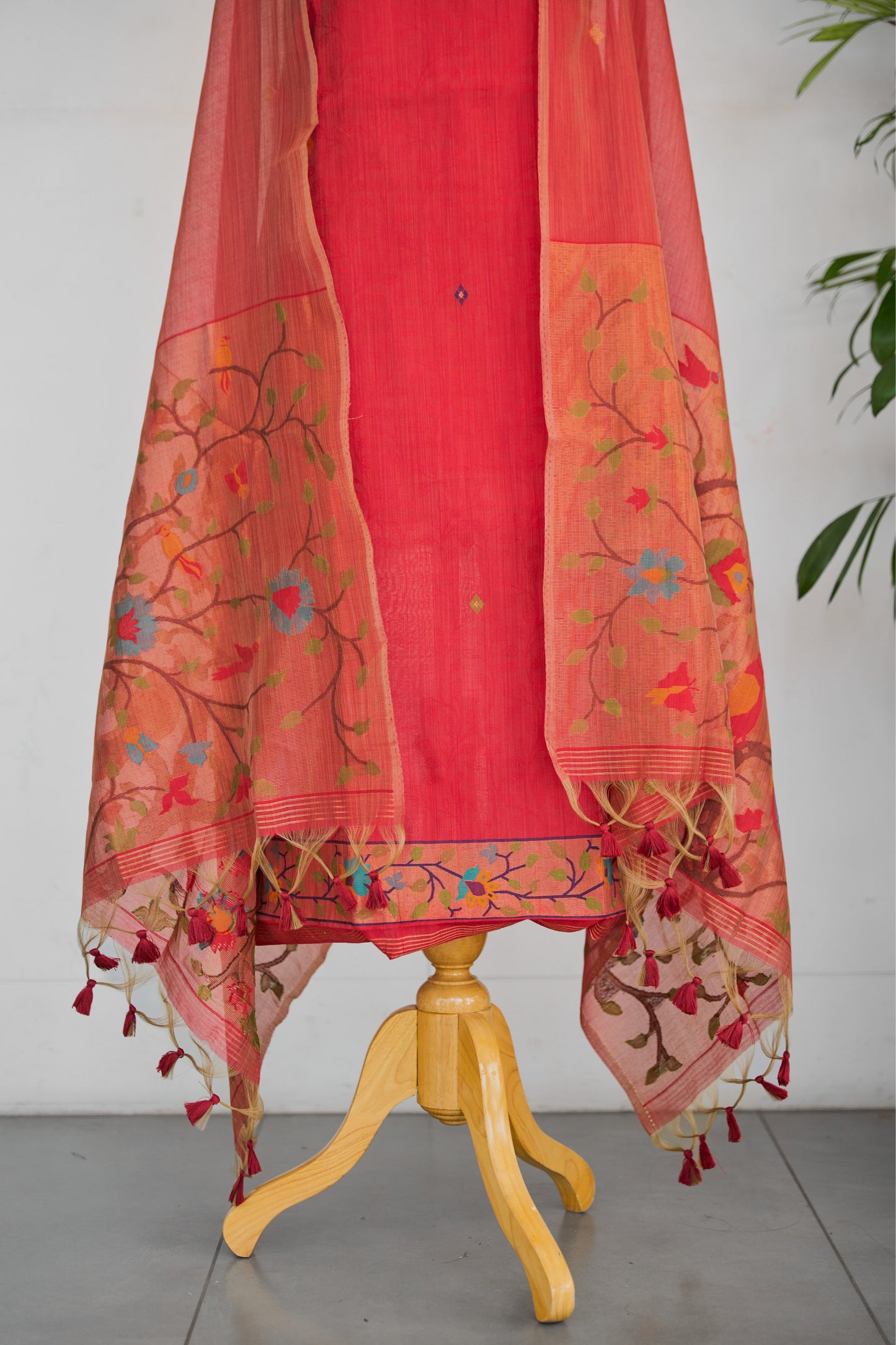 NAYRA– Pure Mul Chanderi Red Unstitched Suit Set