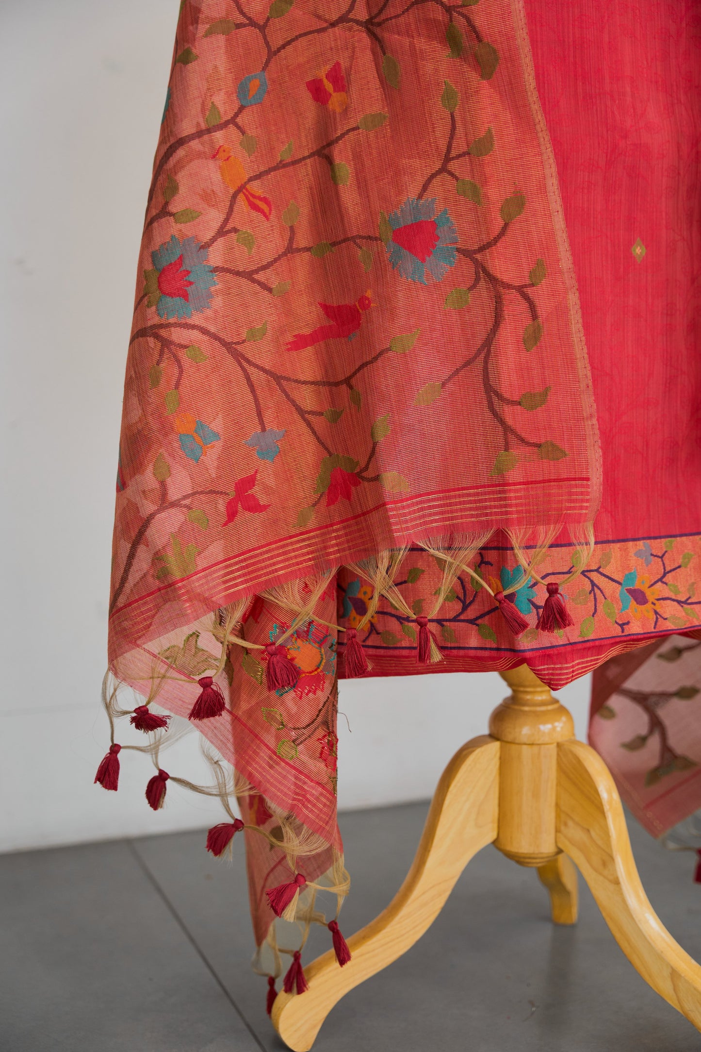 NAYRA– Pure Mul Chanderi Red Unstitched Suit Set
