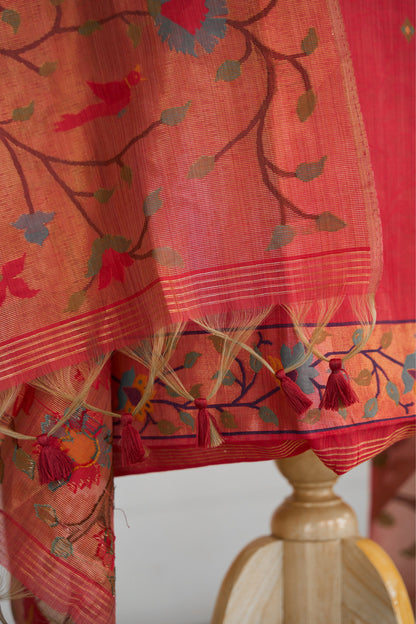 NAYRA– Pure Mul Chanderi Red Unstitched Suit Set