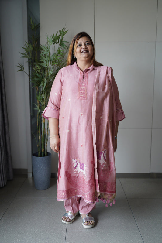 PICHWAI BLUSH  - Pure Chanderi Slub Pichwai Unstitched Suit Set