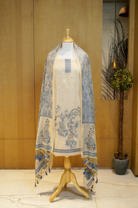 Chandini Chidiya – Cream & Blue Pure Monga Cotton Woven Suit Set