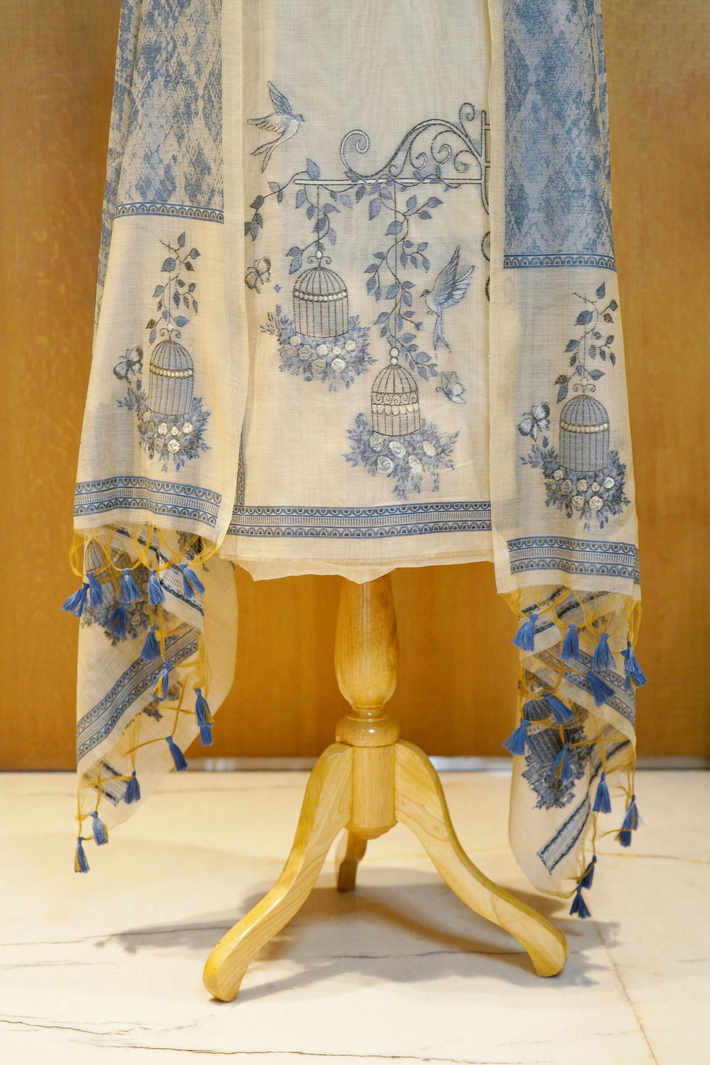 Chandini Chidiya – Cream & Blue Pure Monga Cotton Woven Suit Set