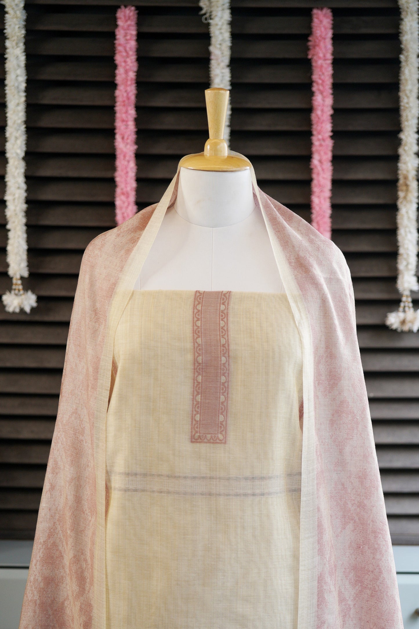 PANKHUDI – Cream & Pink Pure Monga Cotton Woven Suit Set