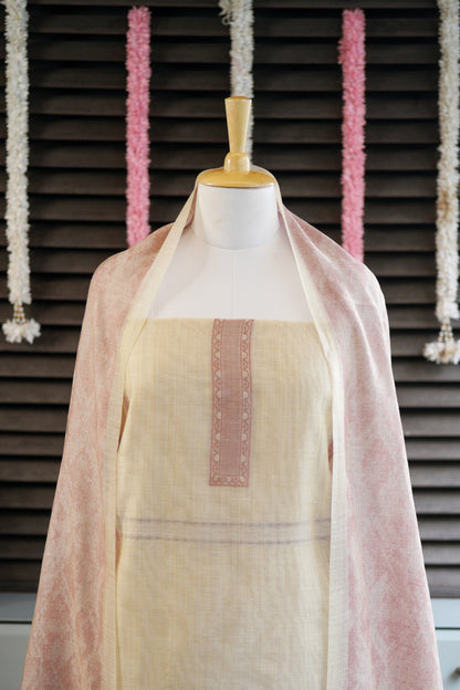 PANKHUDI – Cream & Pink Pure Monga Cotton Woven Suit Set