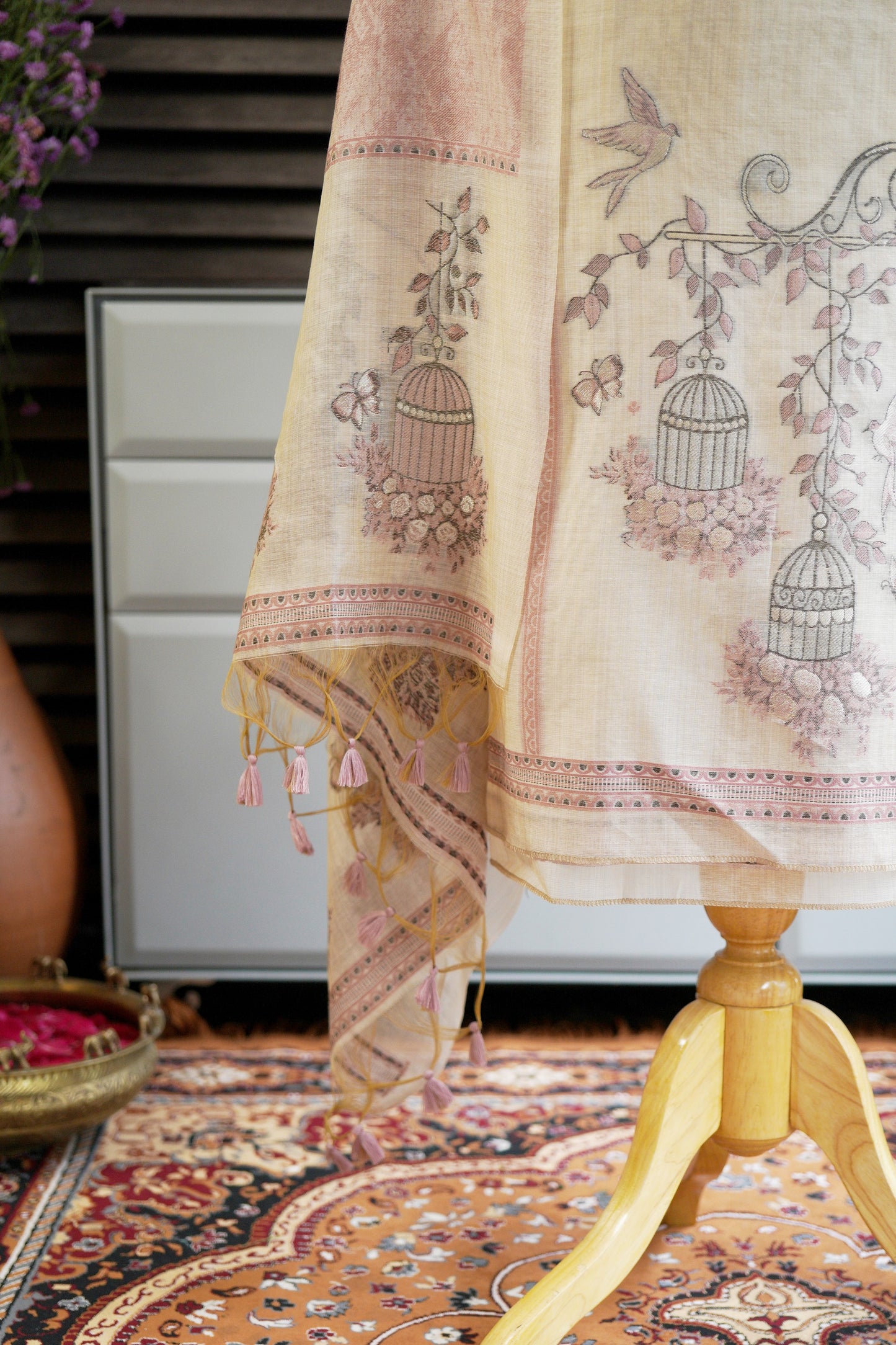 PANKHUDI – Cream & Pink Pure Monga Cotton Woven Suit Set