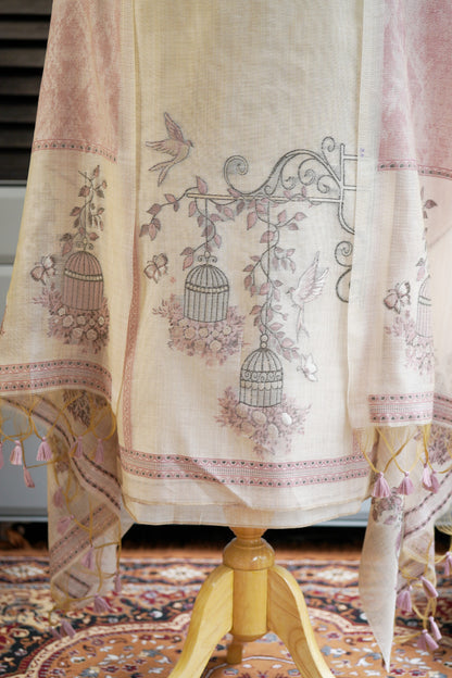 PANKHUDI – Cream & Pink Pure Monga Cotton Woven Suit Set