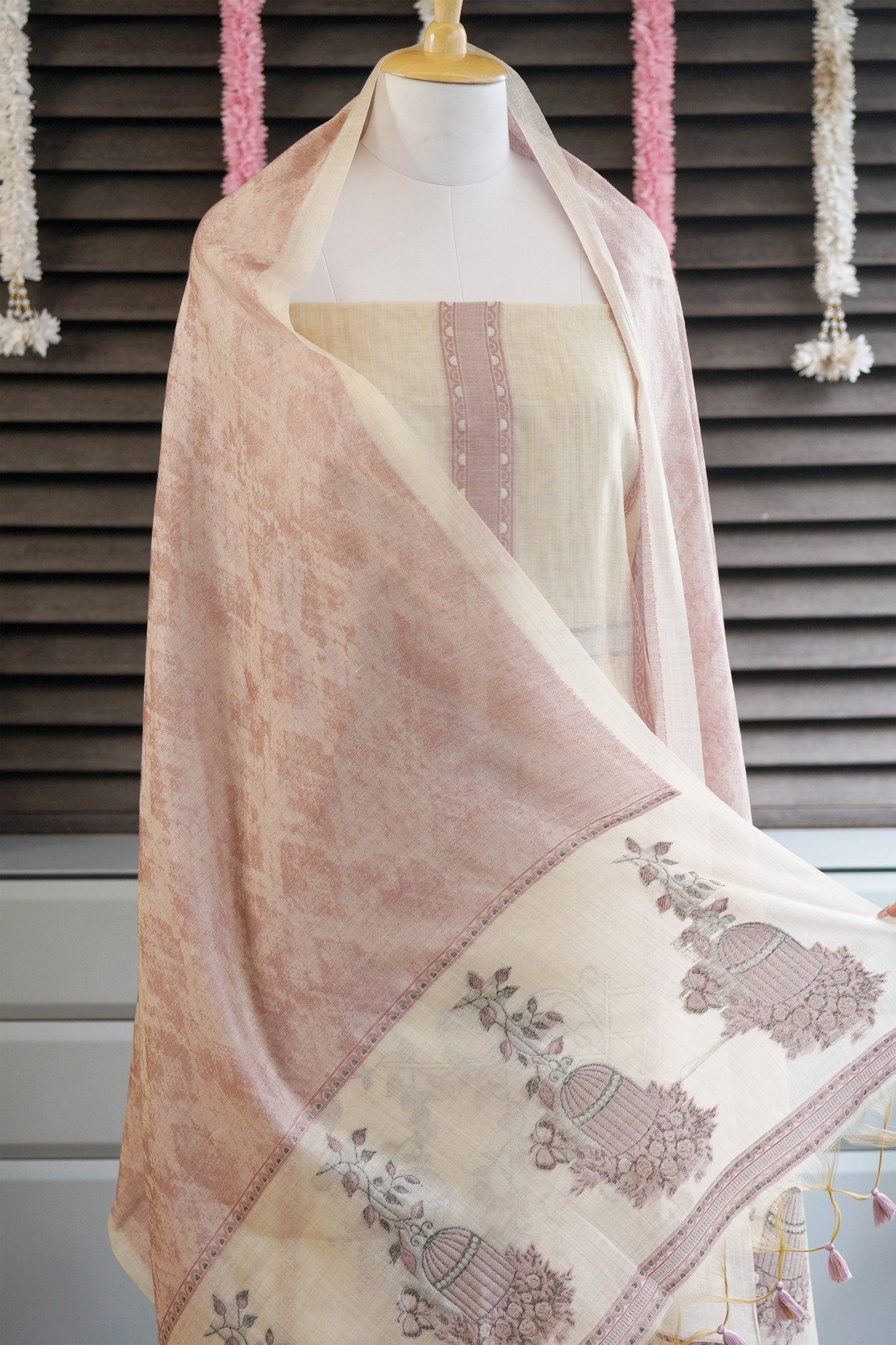 PANKHUDI – Cream & Pink Pure Monga Cotton Woven Suit Set