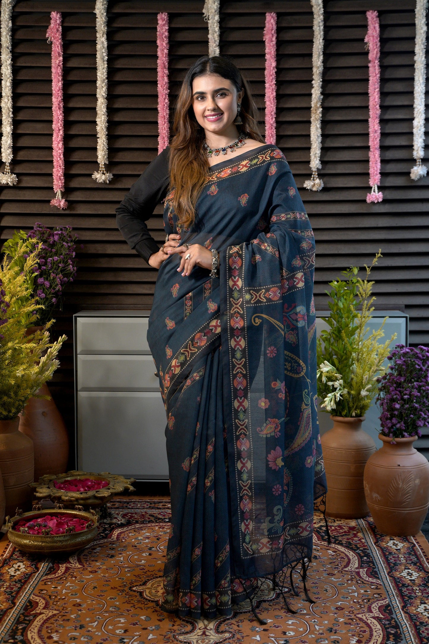 MRIDULA-Indigo Printed Chanderi Saree with Colorful Floral Motifs
