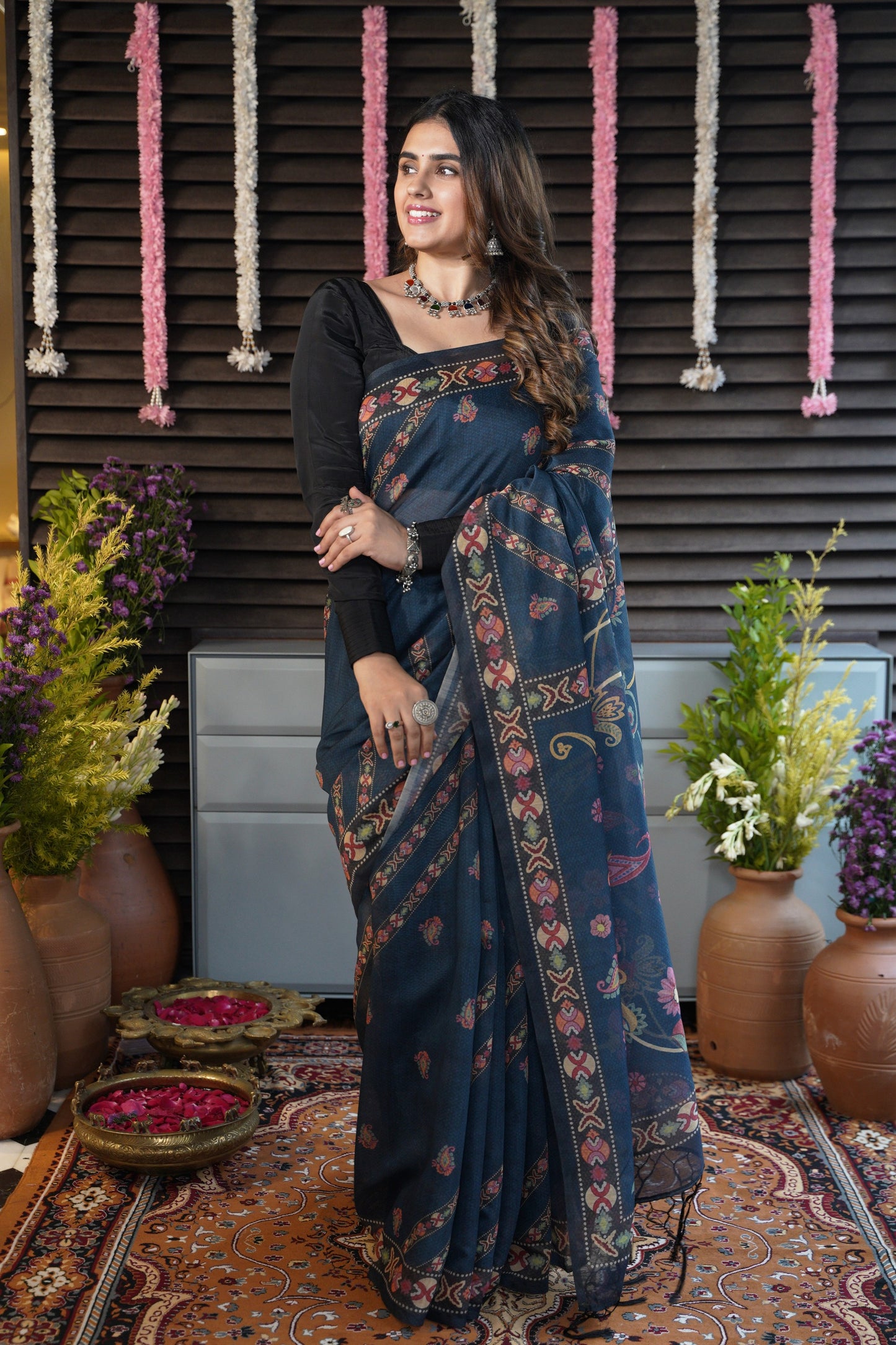 MRIDULA-Indigo Printed Chanderi Saree with Colorful Floral Motifs