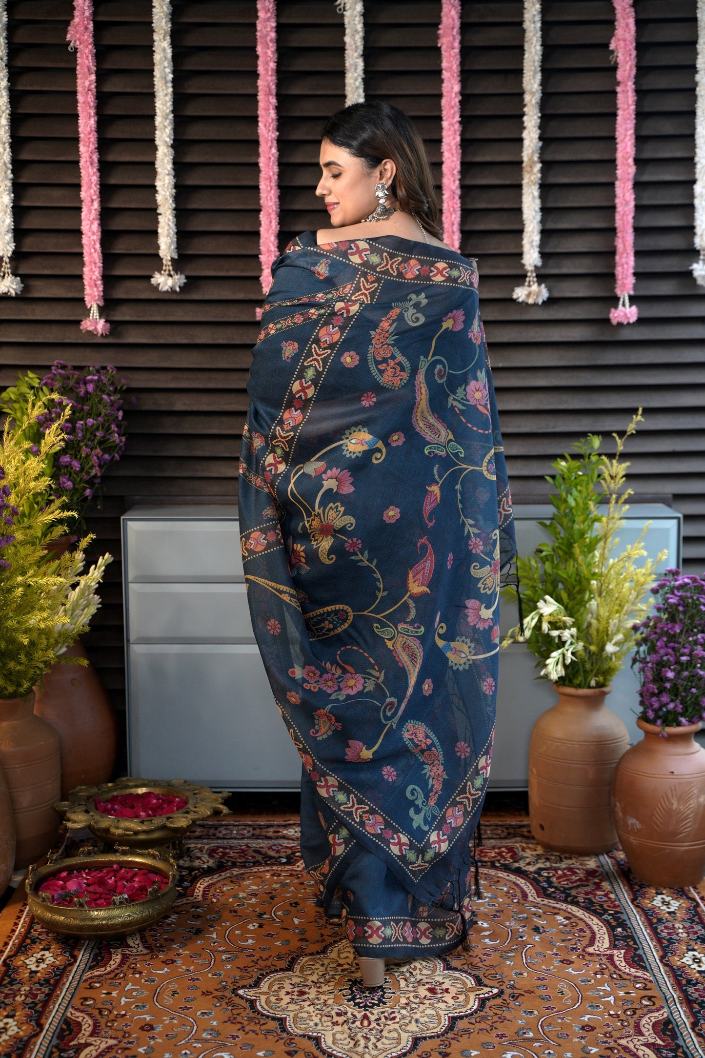 MRIDULA-Indigo Printed Chanderi Saree with Colorful Floral Motifs