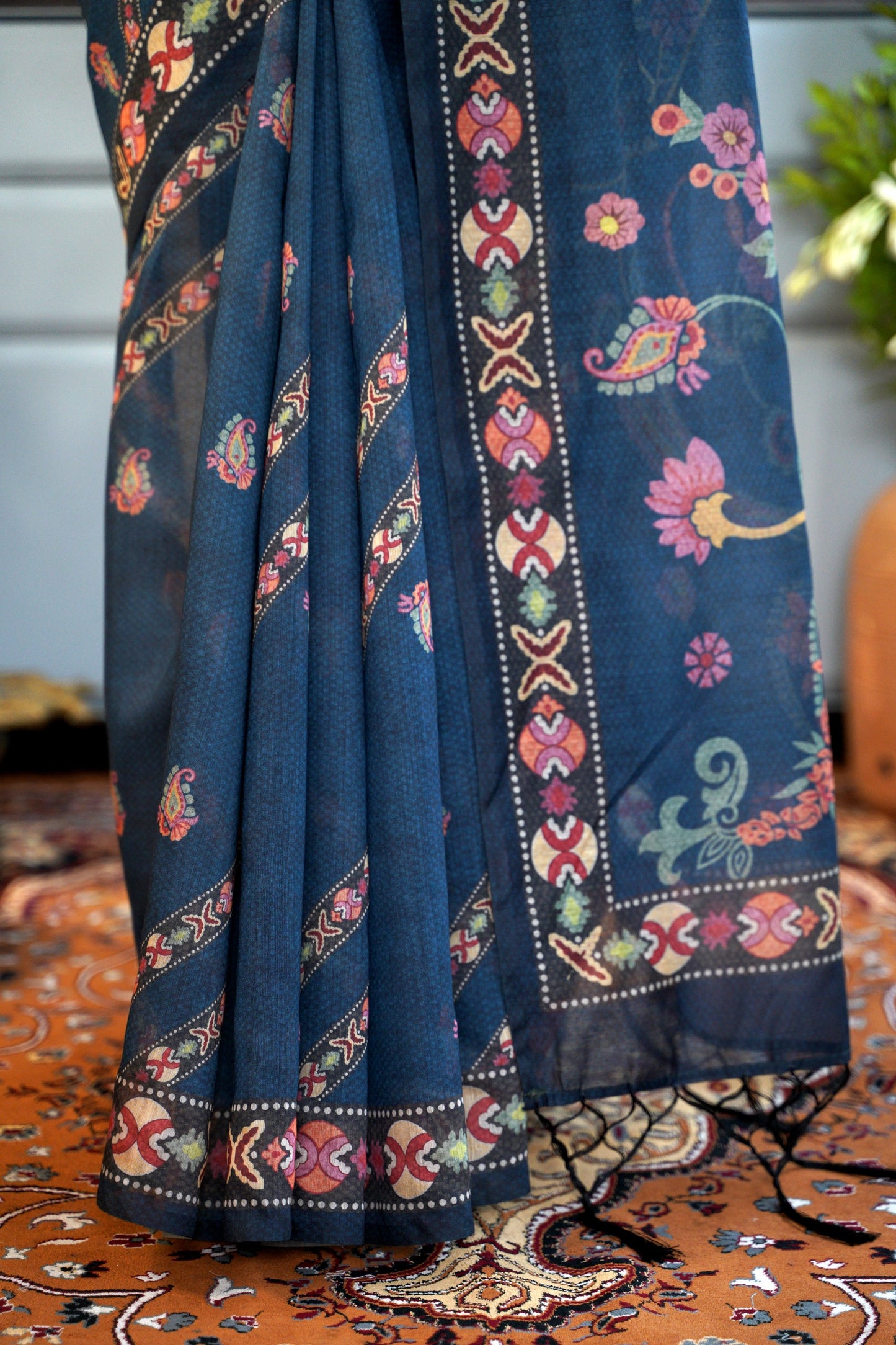 MRIDULA-Indigo Printed Chanderi Saree with Colorful Floral Motifs