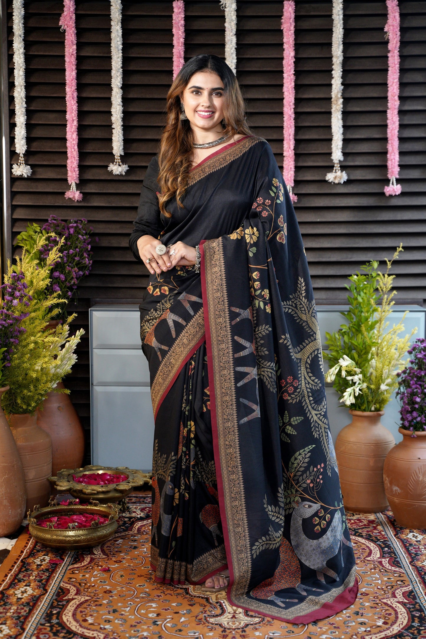 MRIGVAN - Black Printed Tussar Silk Saree with Deer & Forest Motifs