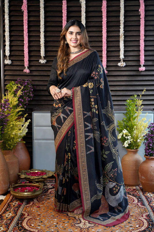 MRIGVAN - Black Printed Tussar Silk Saree with Deer & Forest Motifs