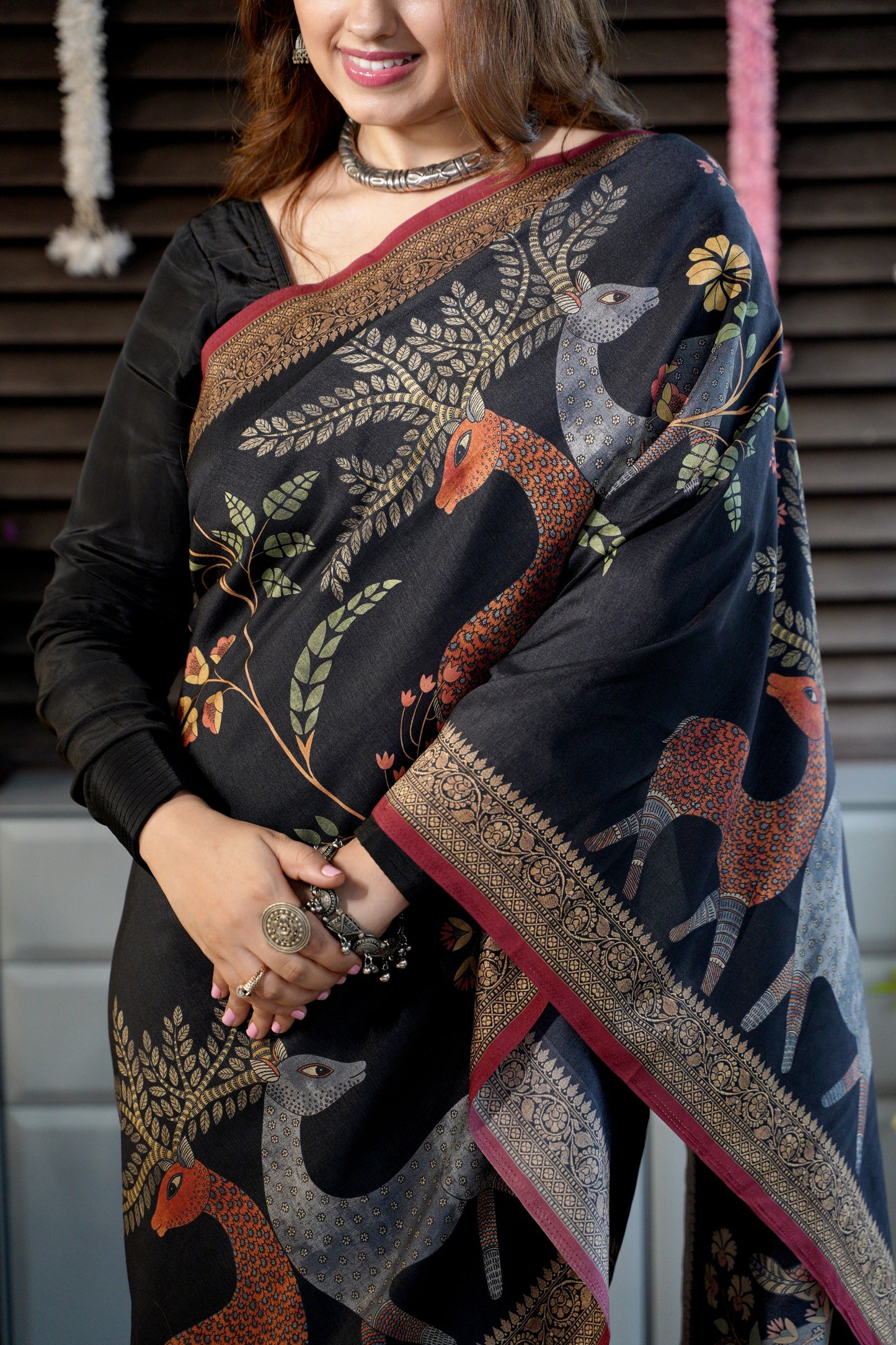MRIGVAN - Black Printed Tussar Silk Saree with Deer & Forest Motifs