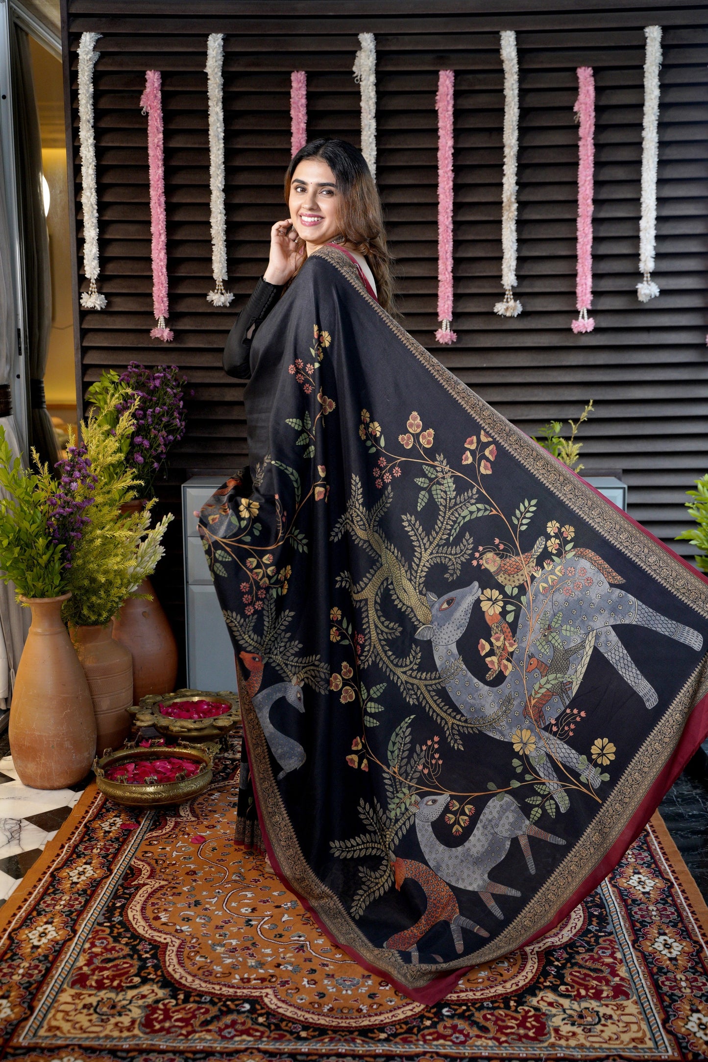 MRIGVAN - Black Printed Tussar Silk Saree with Deer & Forest Motifs