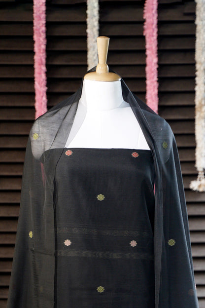 RUBY BLOOM – Pure Chanderi Slub Black Unstitched Suit Set