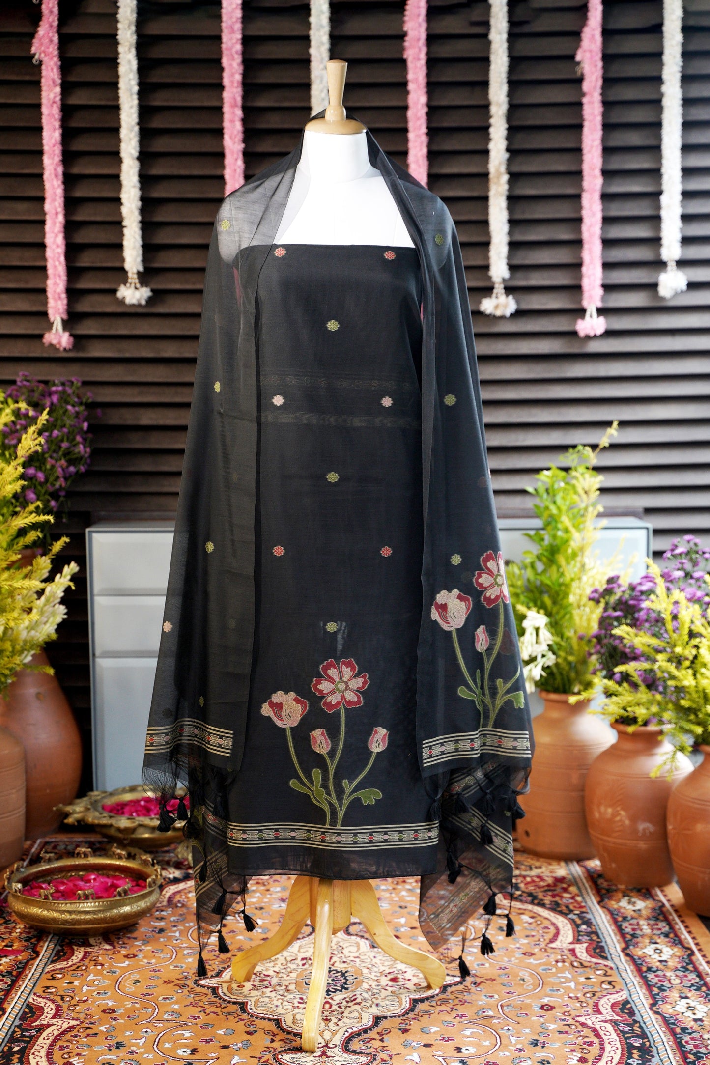 RUBY BLOOM – Pure Chanderi Slub Black Unstitched Suit Set