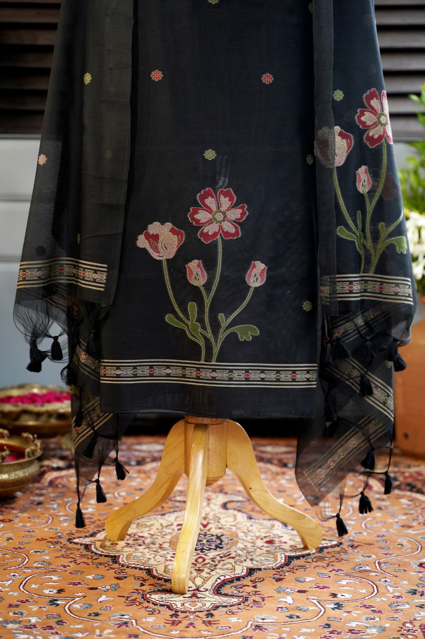 RUBY BLOOM – Pure Chanderi Slub Black Unstitched Suit Set