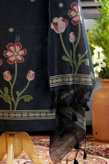 RUBY BLOOM – Pure Chanderi Slub Black Unstitched Suit Set