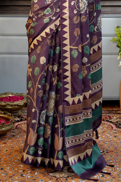 RANGREKHA – A Purple Tussar Silk Saree with Hand-Painted Florals & Motifs