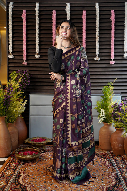 RANGREKHA – A Purple Tussar Silk Saree with Hand-Painted Florals & Motifs