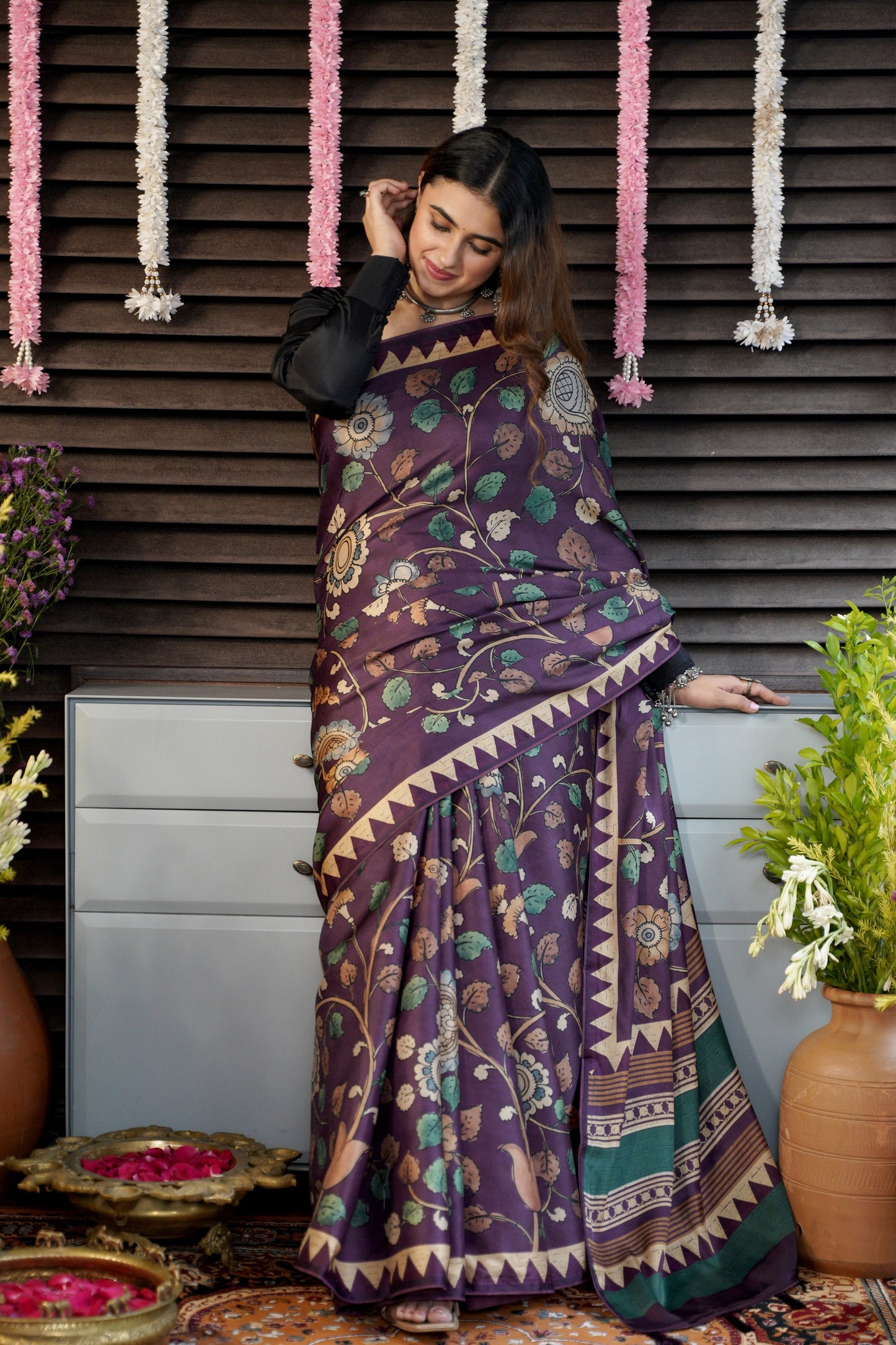 RANGREKHA – A Purple Tussar Silk Saree with Hand-Painted Florals & Motifs
