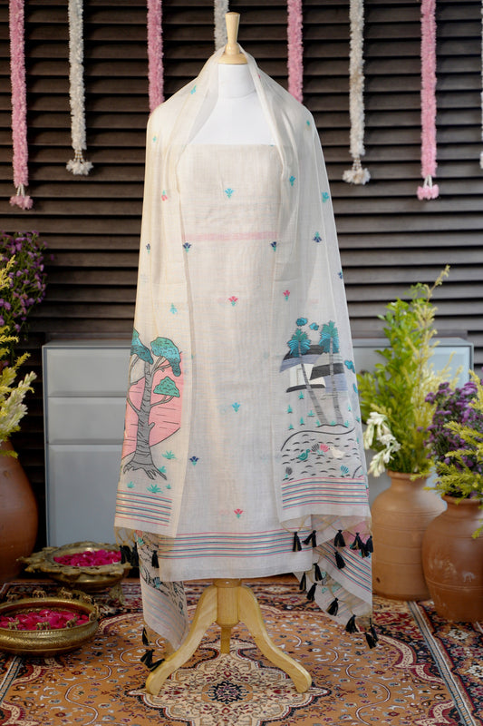 EVARA – White Pure Monga Cotton Unstitched Suit Set with Scenic Weaving