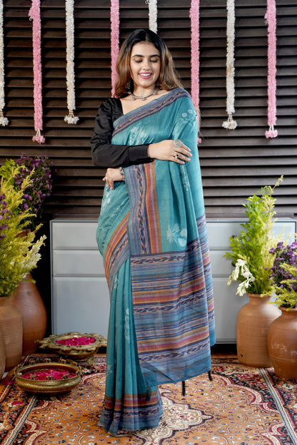 NEERJA- Teal Blue Tussar Silk Saree with Woven Stripes and Florals