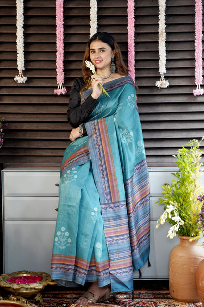 NEERJA- Teal Blue Tussar Silk Saree with Woven Stripes and Florals