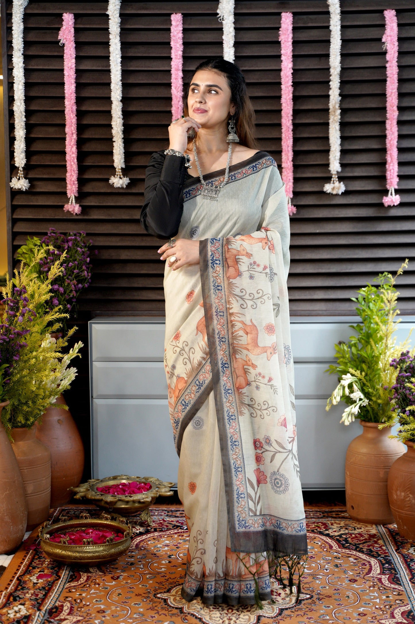 VANIKA - Mint Green Chanderi Saree with Deer & Floral Details