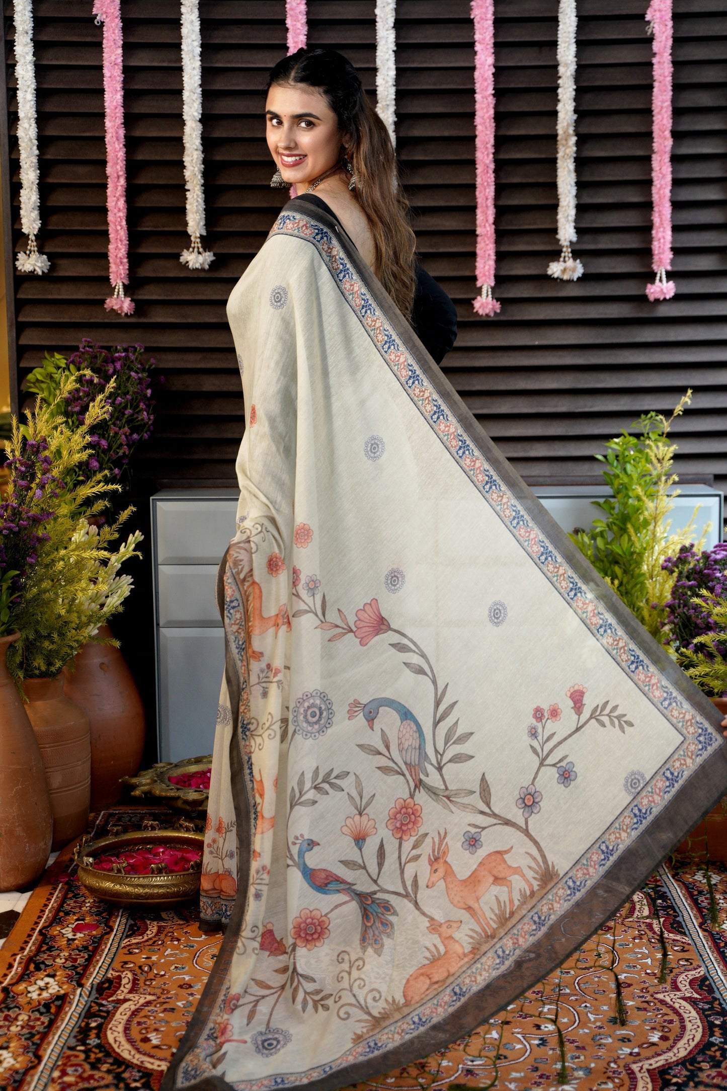 VANIKA - Mint Green Chanderi Saree with Deer & Floral Details