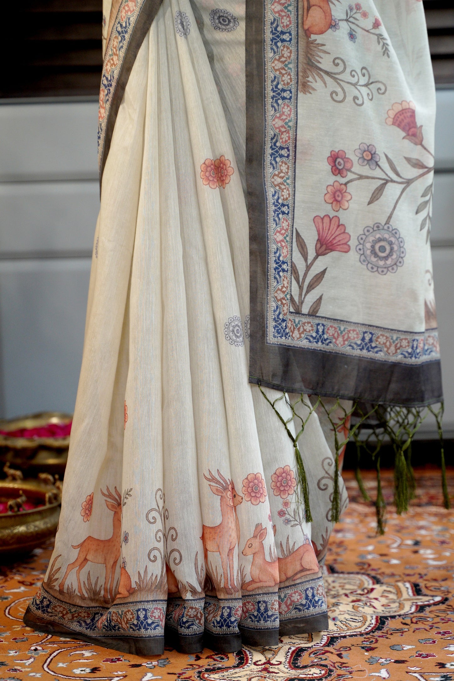 VANIKA - Mint Green Chanderi Saree with Deer & Floral Details