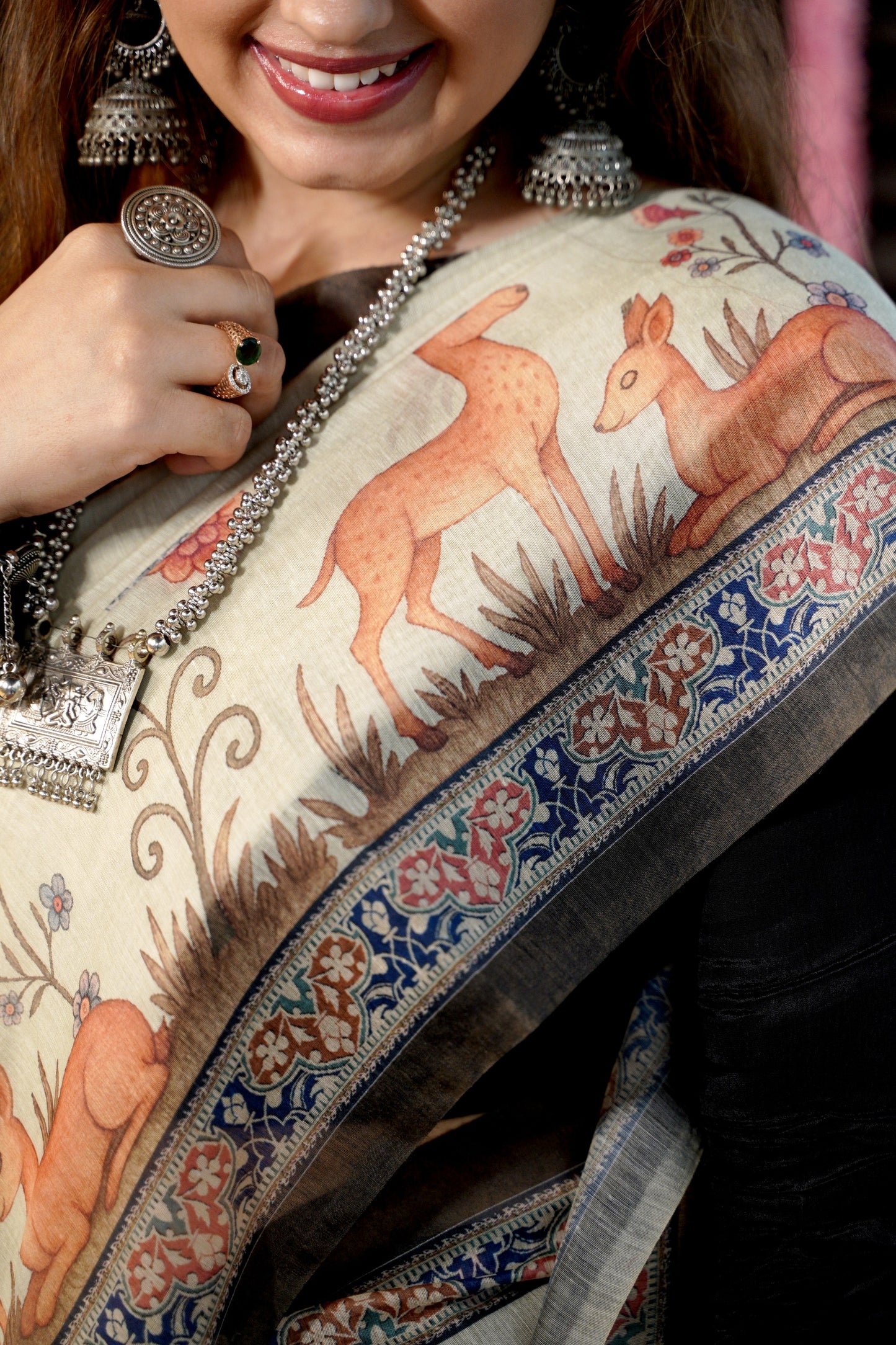 VANIKA - Mint Green Chanderi Saree with Deer & Floral Details