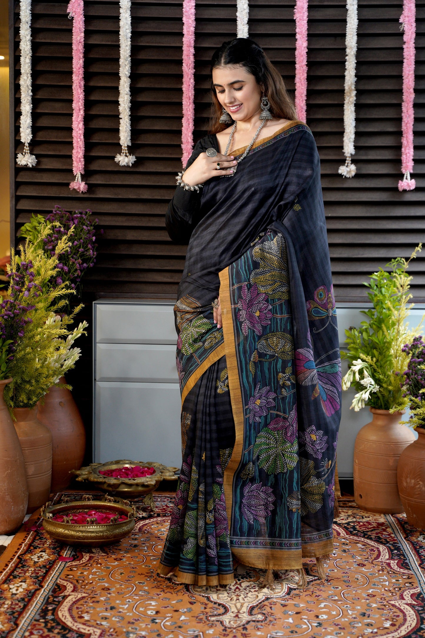 KARIGARI - Midnight Blue Katha Silk Saree