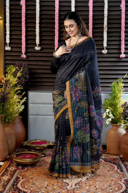 KARIGARI - Midnight Blue Katha Silk Saree