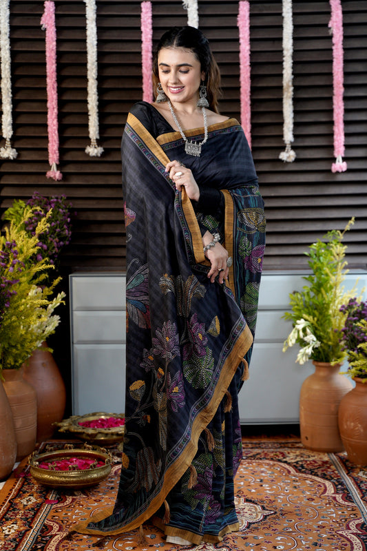 KARIGARI - Midnight Blue Katha Silk Saree