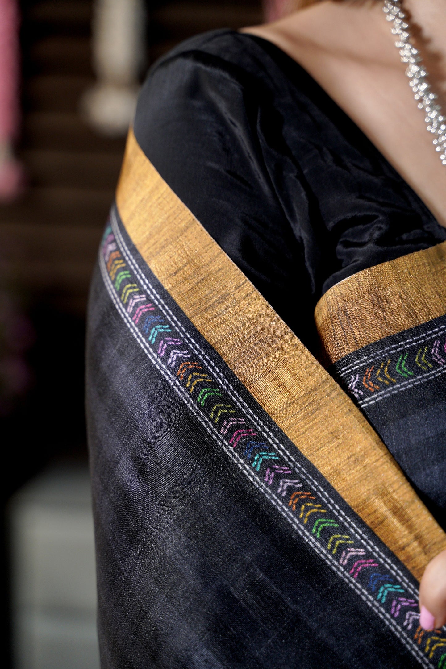 KARIGARI - Midnight Blue Katha Silk Saree